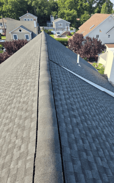 Close-up of a roof valley and flashing line on architectural shingles, where debris holds water on Hicksville roofs
